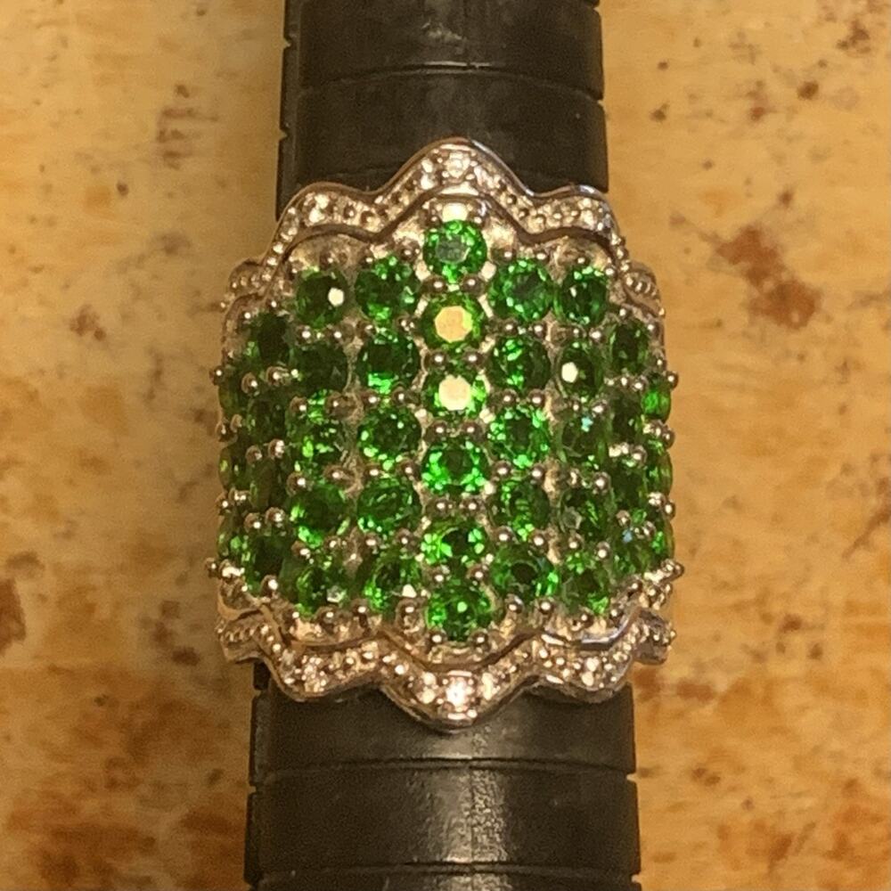 Pinctore Ring Size 8 Sterling Silver, Chrome Diopside & White Zircon Cocktail
